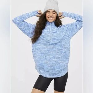 Aerie Offline Oversized Sweatshirt Ribbed Quarter Zip Blue Space Dye Size Small